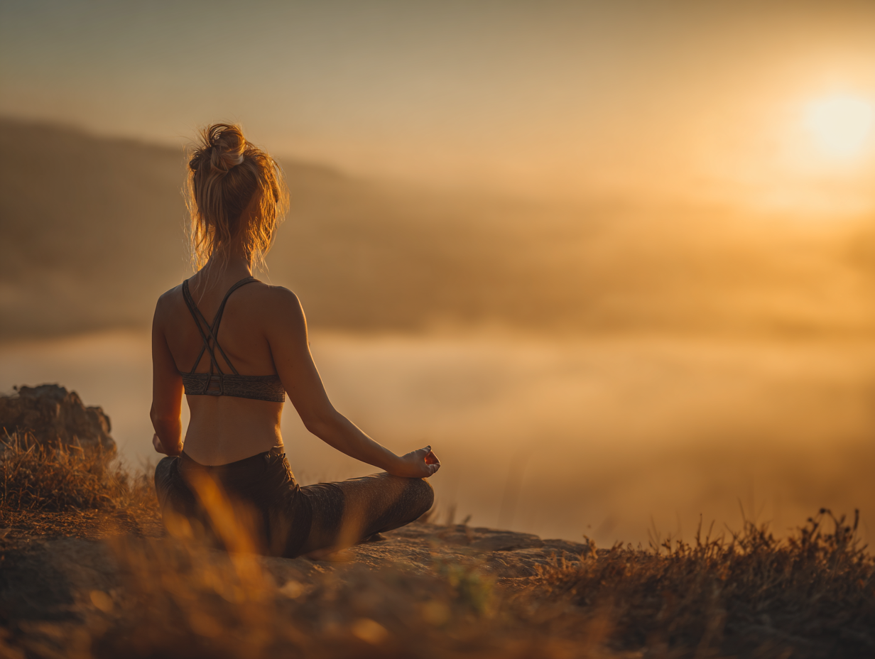 Жінка практикує йогу на заході сонця