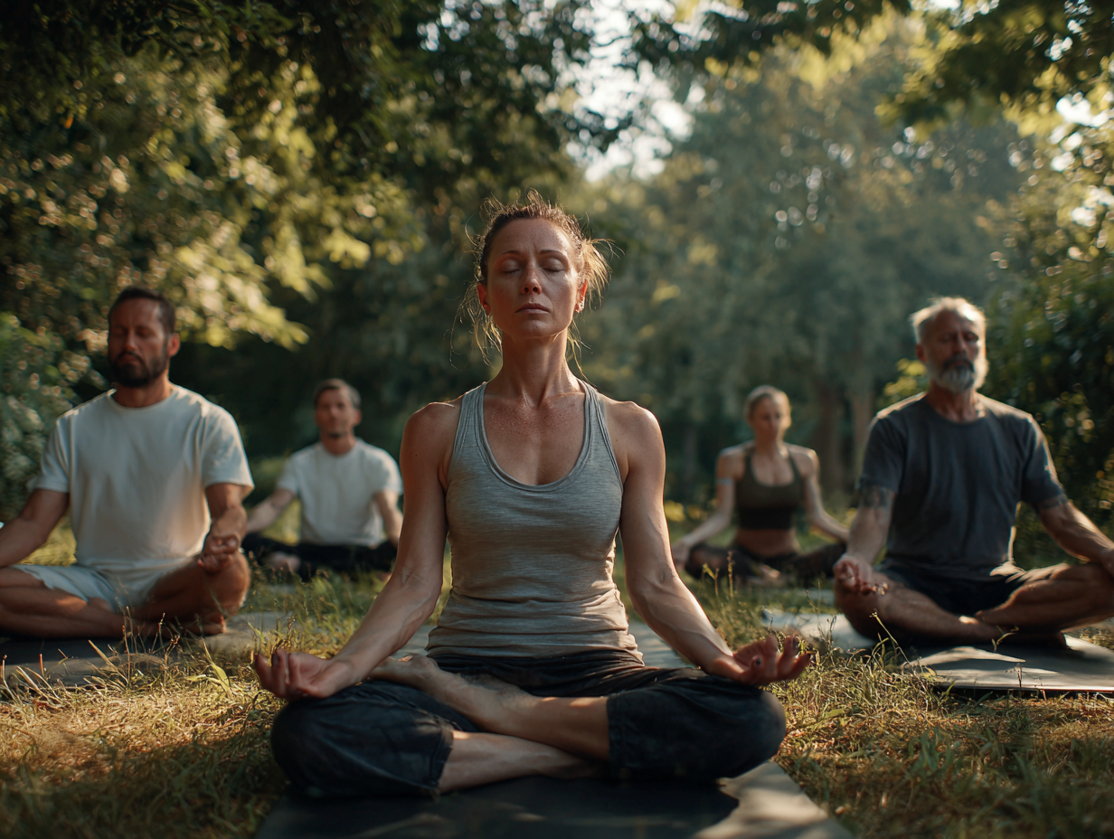 Група людей практикує йогу в студії